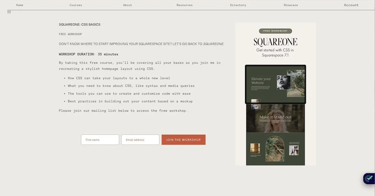 screenshot of the squarestylist CSS course  website