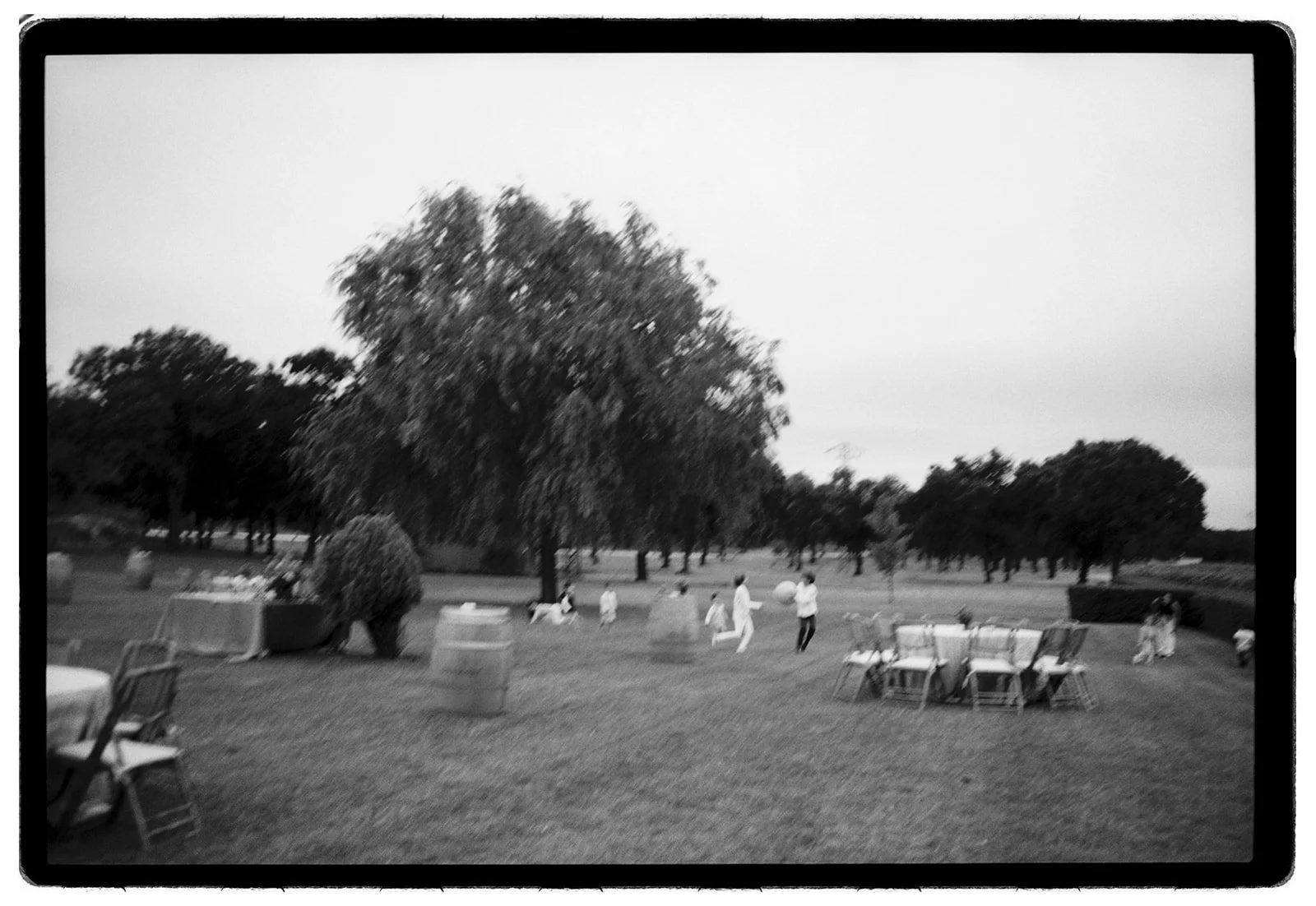 People setting up tables and chairs outdoors in a park with trees and a grassy area.