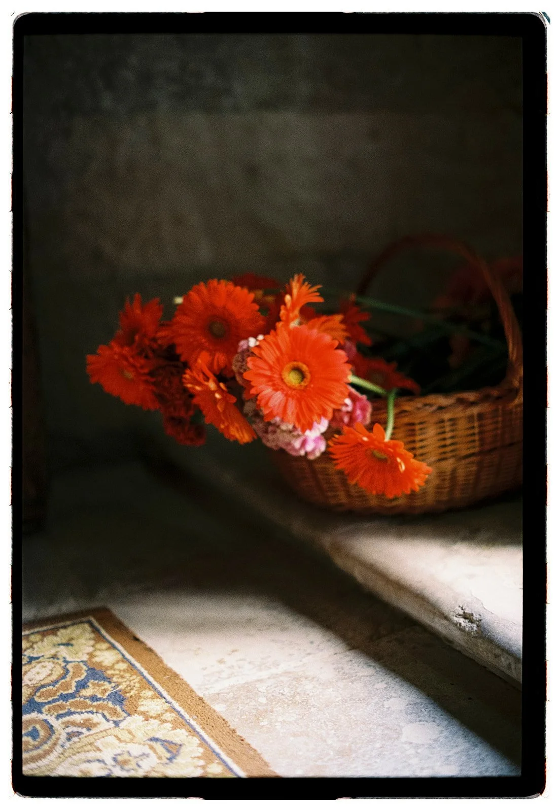 A basket of orange daisies with a few pink flowers, placed on a stone surface with a partially visible patterned rug nearby.