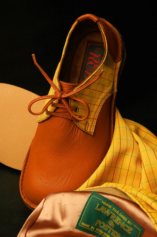 Tan shoes with Chequred Quarters and matching hat.jpg