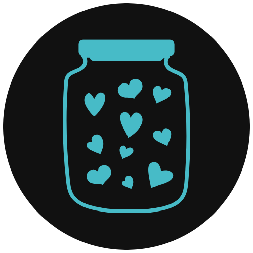 Illustration of a jar filled with floating hearts on a black background.