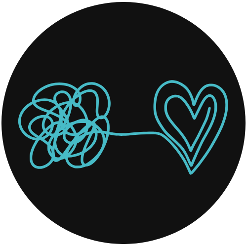 A neon blue line art depicting a tangled ball of yarn untangling into a heart shape on a black background.