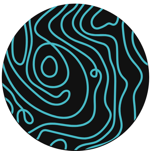 A circular black background with blue contour lines resembling a topographic map or abstract design.