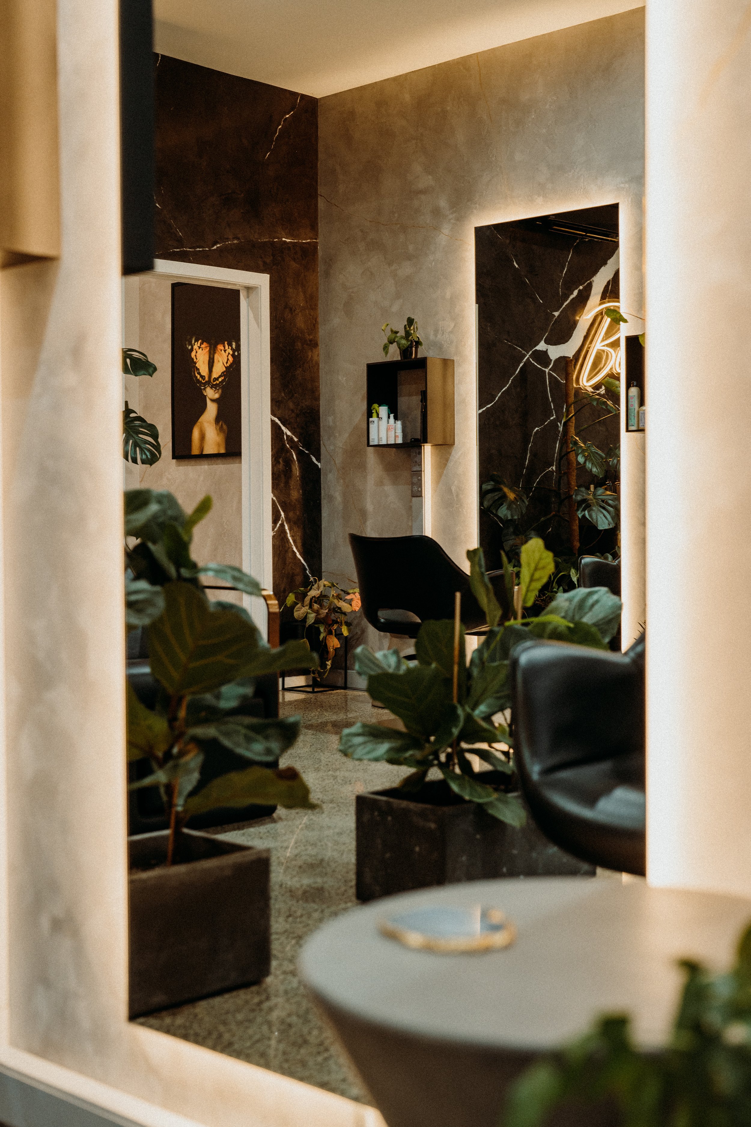 Modern salon interior with plants and black chairs