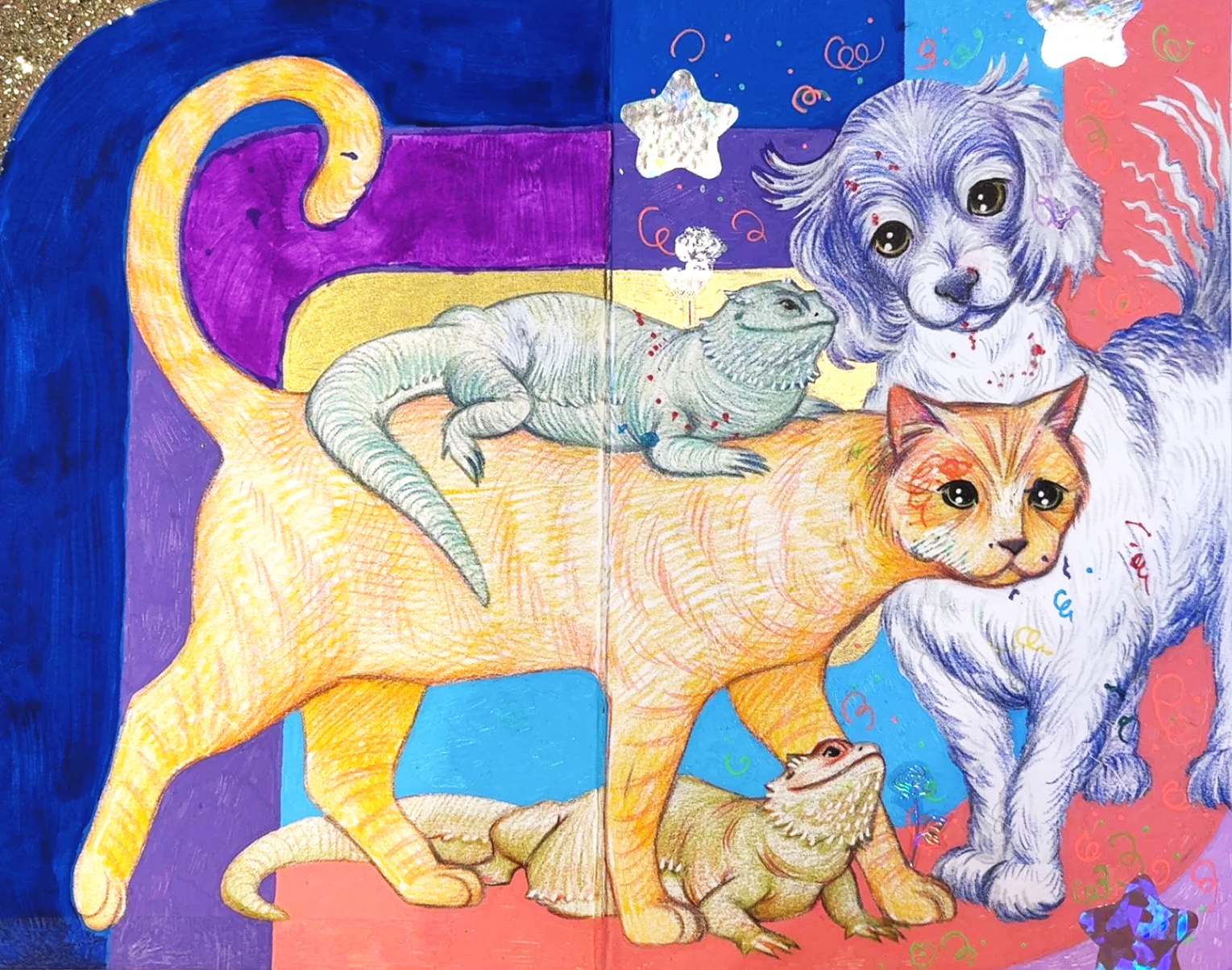 October 2025 | Rock, Tank, Gracie Ellen & Ginger | mixed media; ballpoint pen, Prismacolor colored pencils, acrylic paint pens, collage