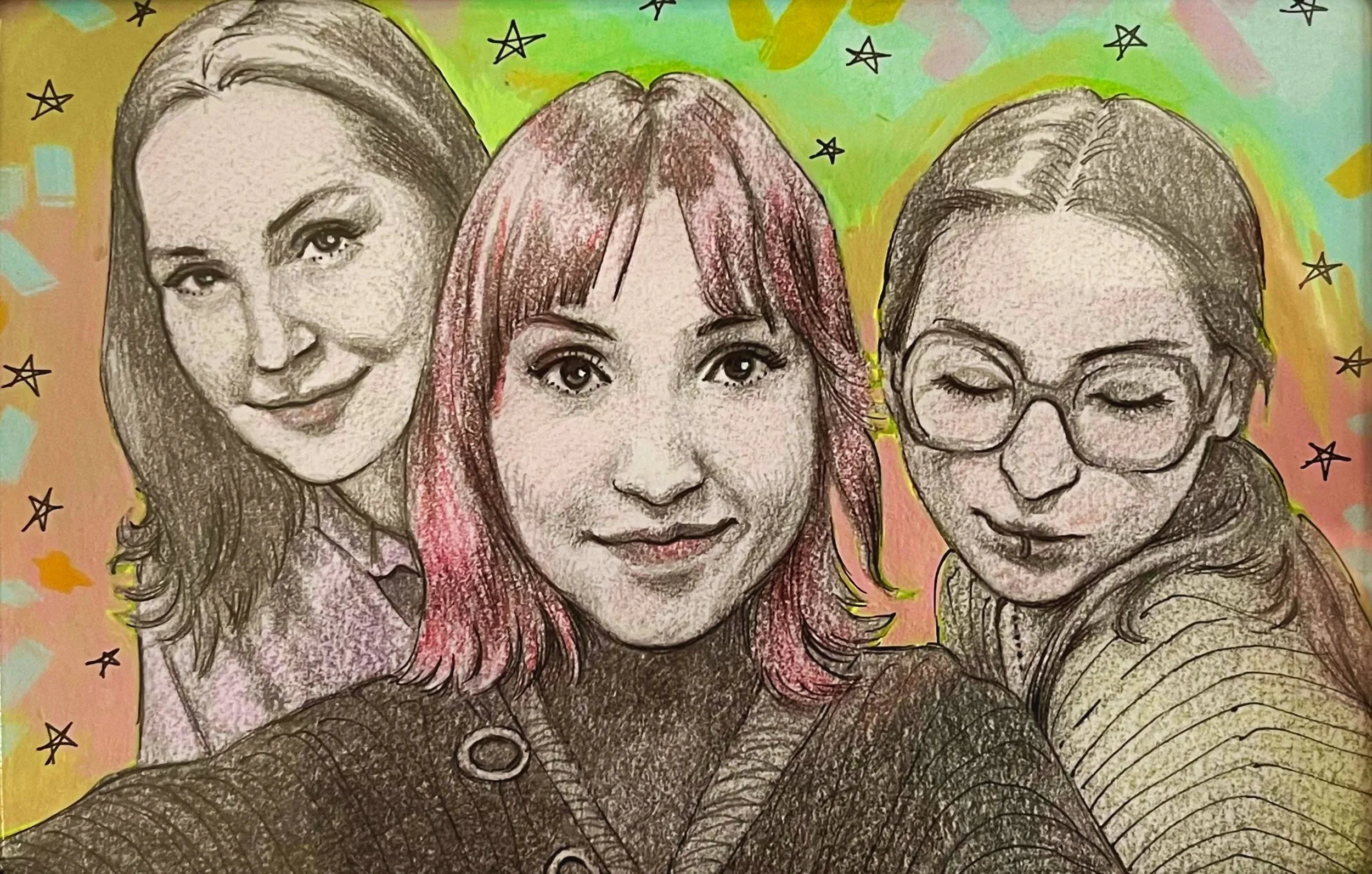 August 2026 | Bosom Sisters | mixed media: graphite, pen and ink, colored pencil, acrylic paint pen