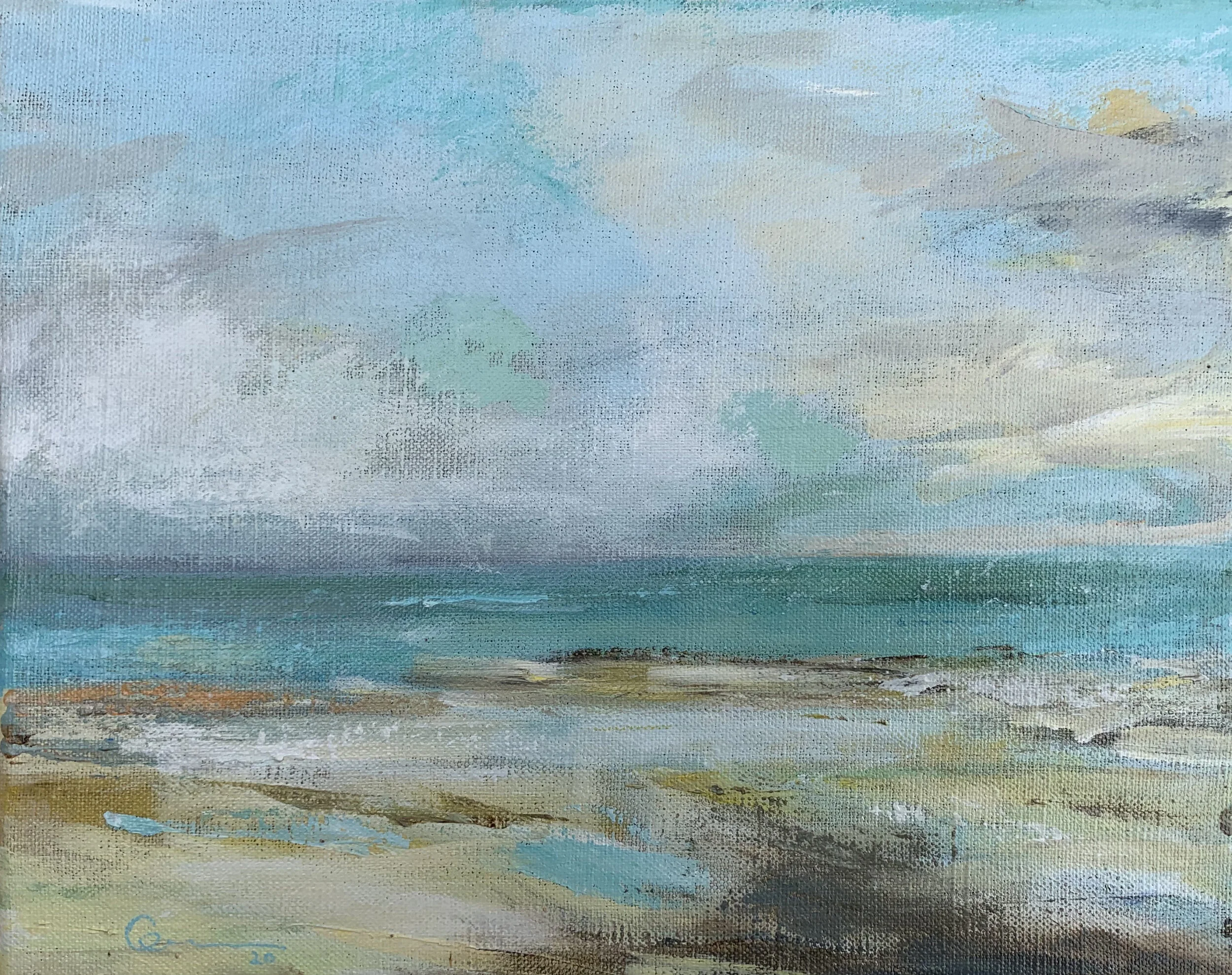 Oil painting showing turquoise paint strokes capturing the English shoreline
