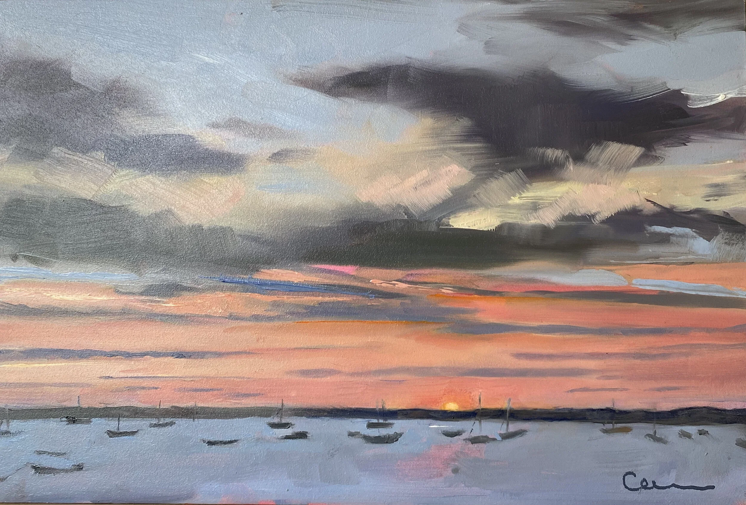 Oil painting of a colourful sunset reflecting on the water with floating boats
