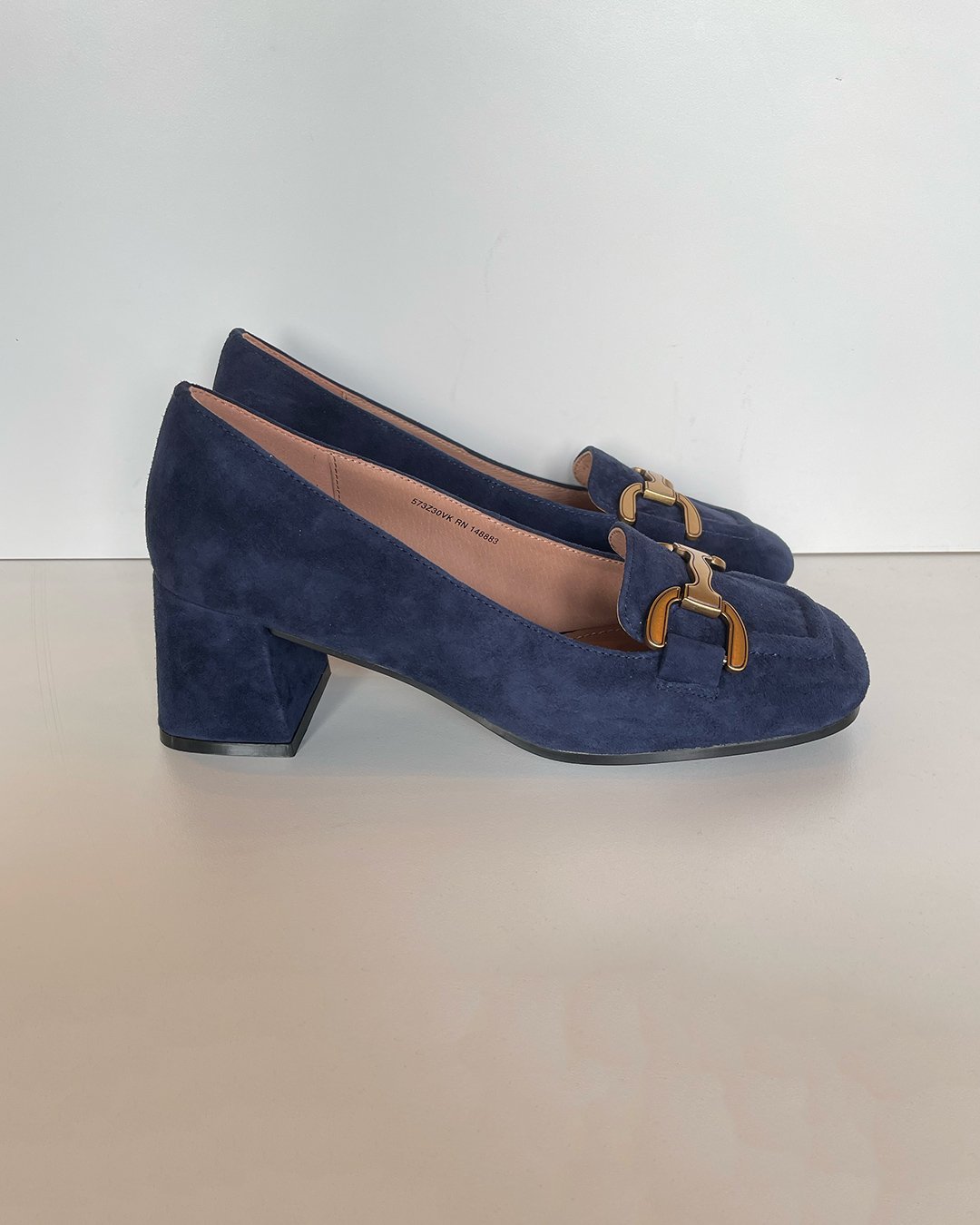Renee Suede Block-Heel Pump with Buckle in Navy Blue by Bibi Lou at Deborah Kent's Boutique in South Tampa