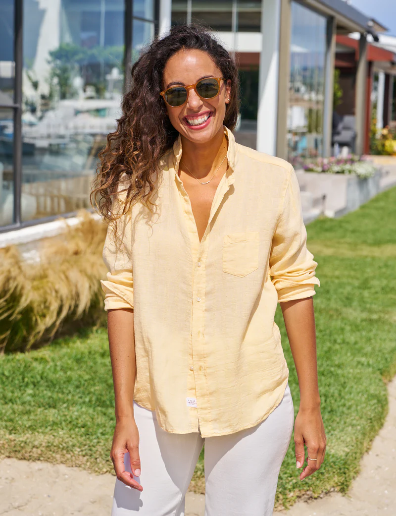 Eileen Relaxed Button-Up in Textured Yellow Stripe Classic Linen at Deborah Kent’s Boutique in South Tampa
