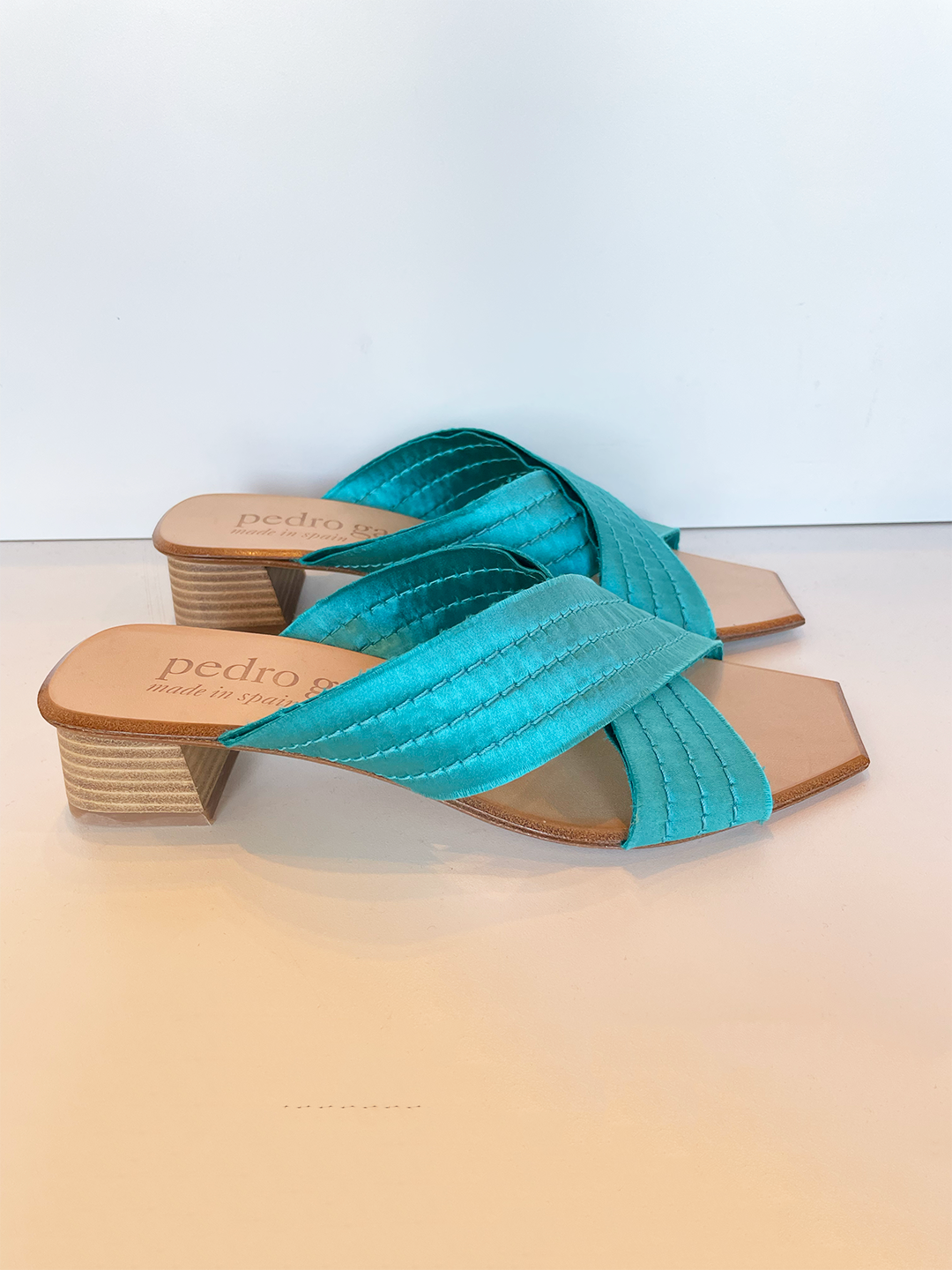 Zumia Satin Mule Sandal in Peacock Satin by Pedro García at Deborah Kent's Boutique in Tampa | Designer Women's Shoes New Arrivals for Summer