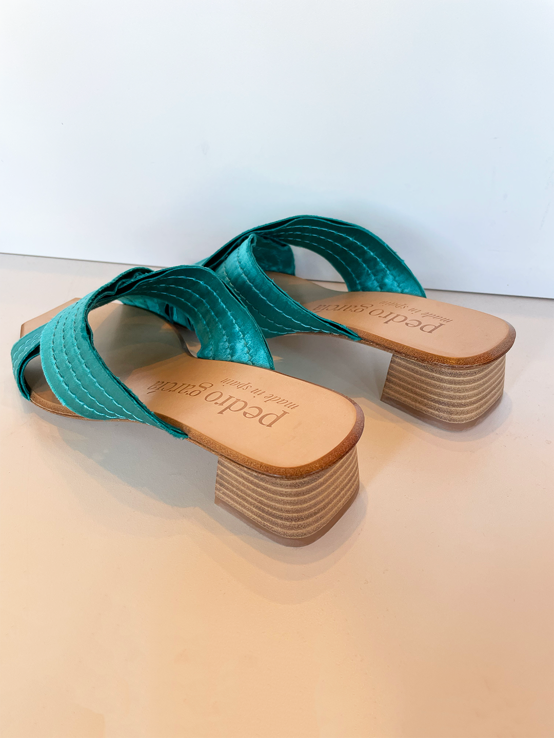Zumia Satin Mule Sandal in Peacock Satin by Pedro García at Deborah Kent's Boutique in Tampa | Designer Women's Shoes New Arrivals for Summer