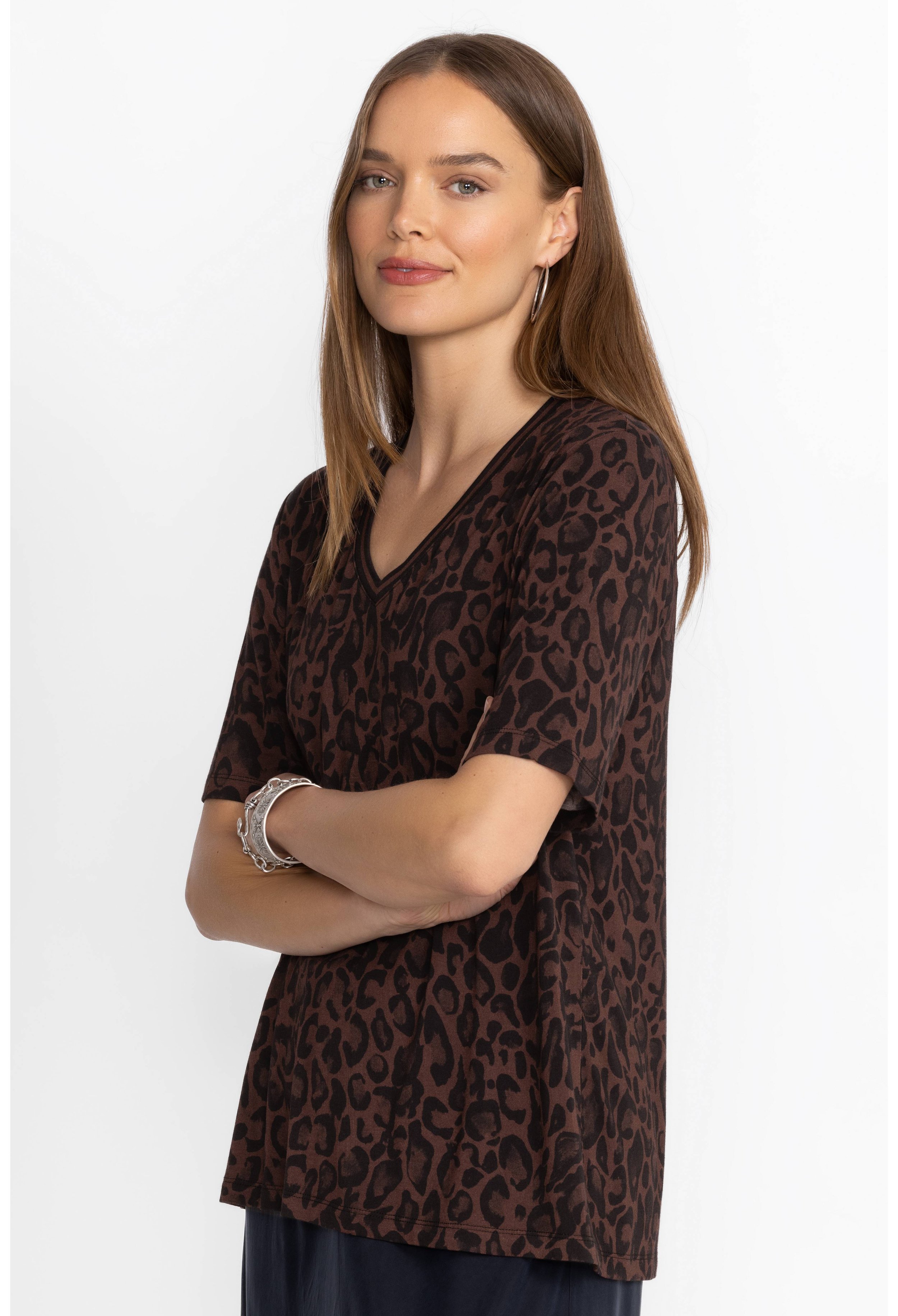 Janie V-Neck Quarter-Sleeve Tee in French Leopard by Johnny Was at Deborah Kent's Boutique in South Tampa