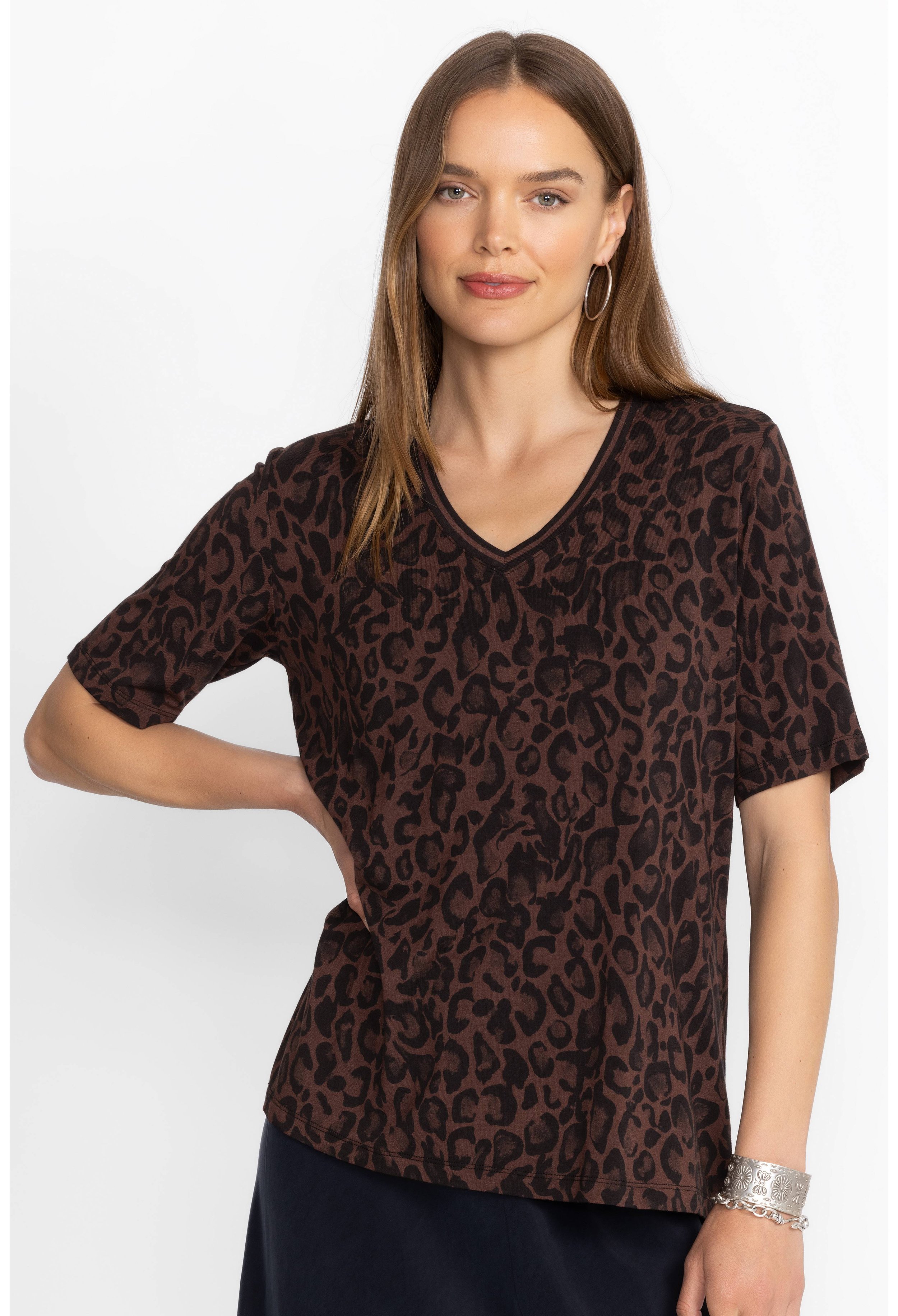 Janie V-Neck Quarter-Sleeve Tee in French Leopard by Johnny Was at Deborah Kent's Boutique in South Tampa