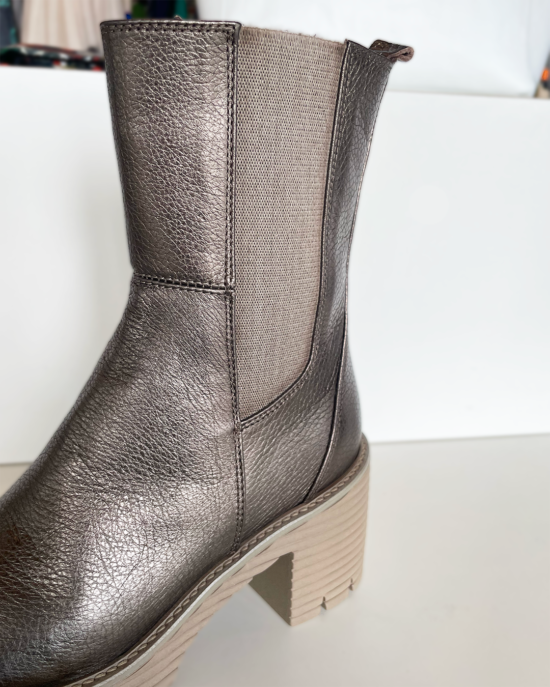 Margo Metallic Leather Boot in Metallic Taupe by Softwaves at Deborah Kent's Boutique in South Tampa