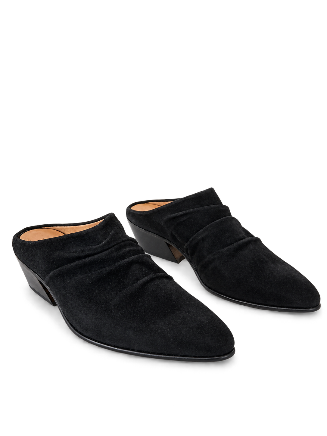 Black ruched suede heeled mules (1).png