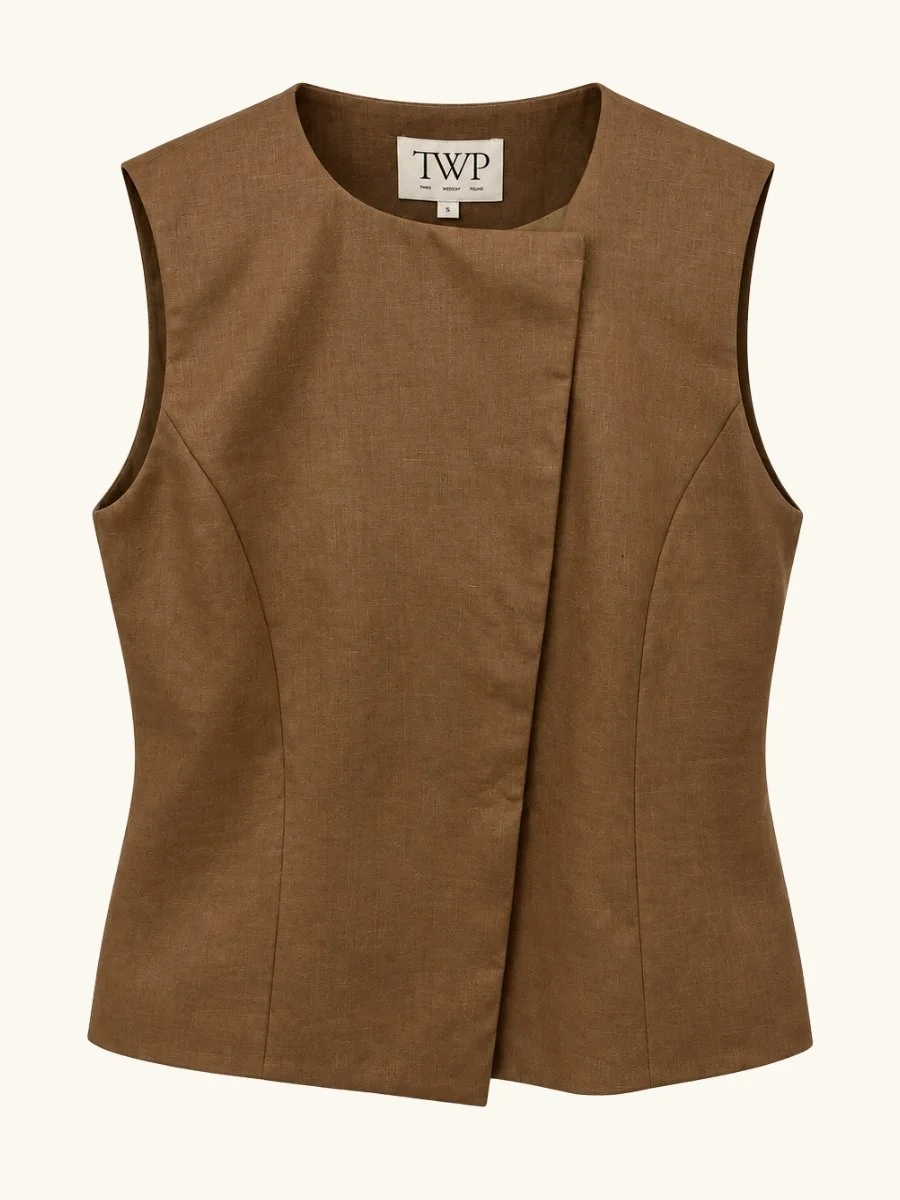High Neck Hidden Placket Vest in Chintzed Linen