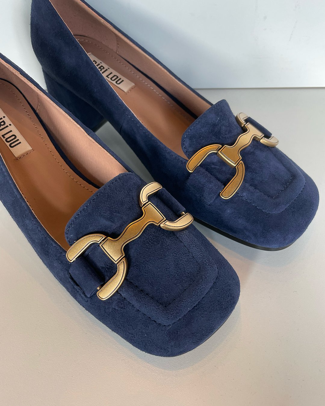 Renee Suede Block-Heel Pump with Buckle in Navy Blue by Bibi Lou at Deborah Kent's Boutique in South Tampa