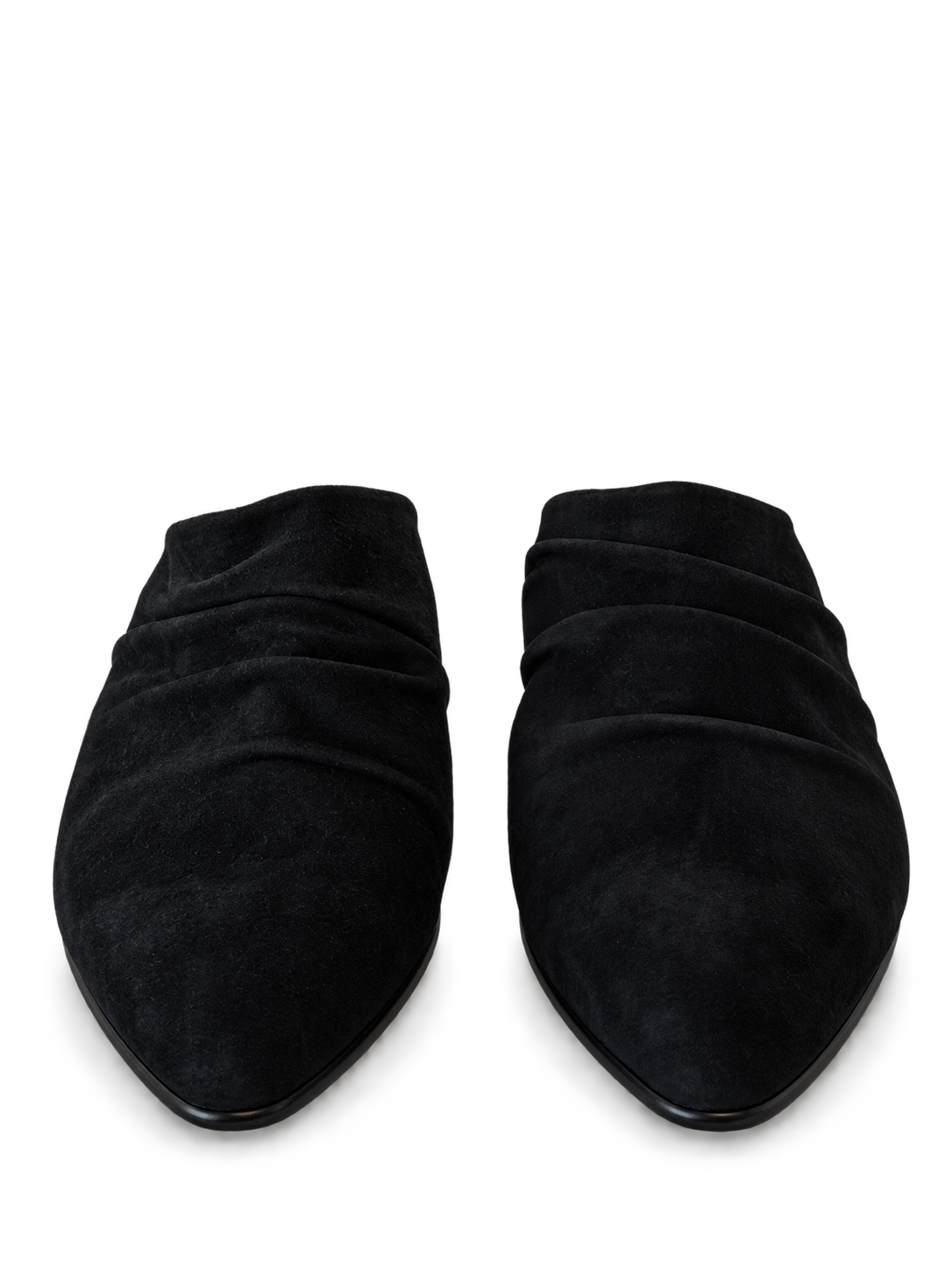 Black ruched suede heeled mules.png