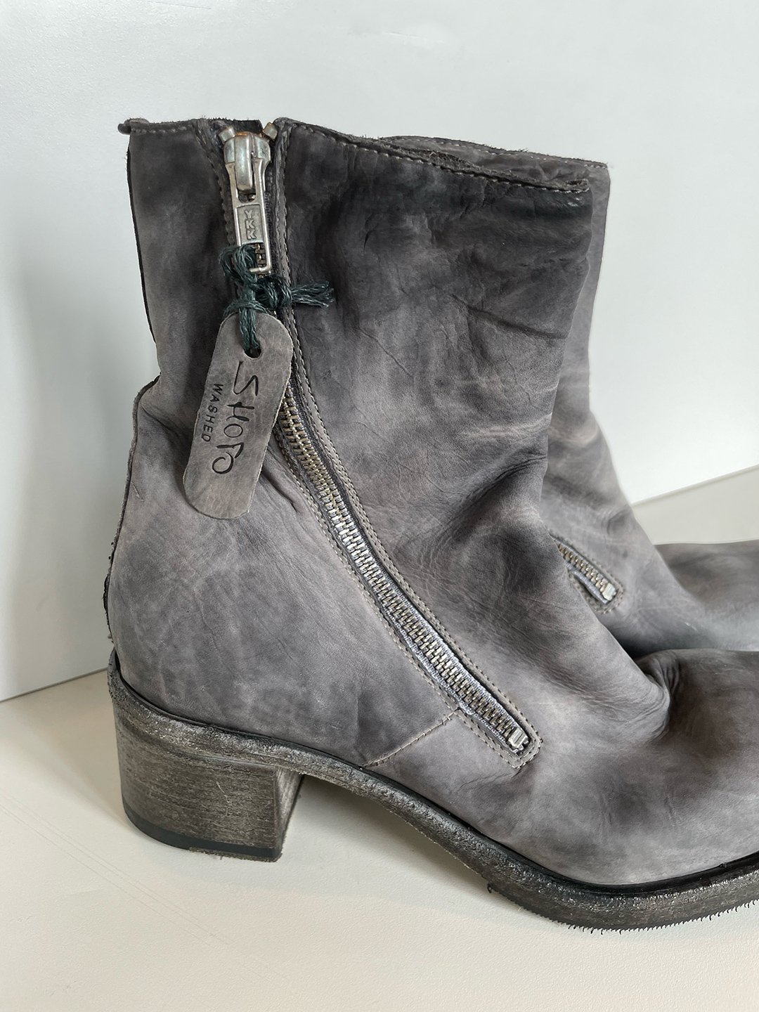 Washed Leather Double Zipper Boot in Grey by Shoto at Deborah Kent's Boutique in South Tampa