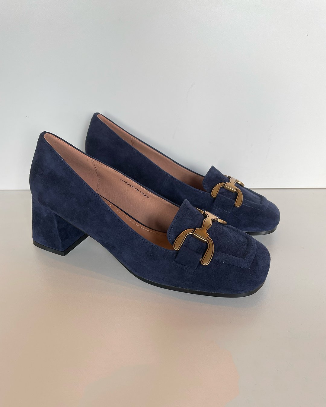Renee Suede Block-Heel Pump with Buckle in Navy Blue by Bibi Lou at Deborah Kent's Boutique in South Tampa