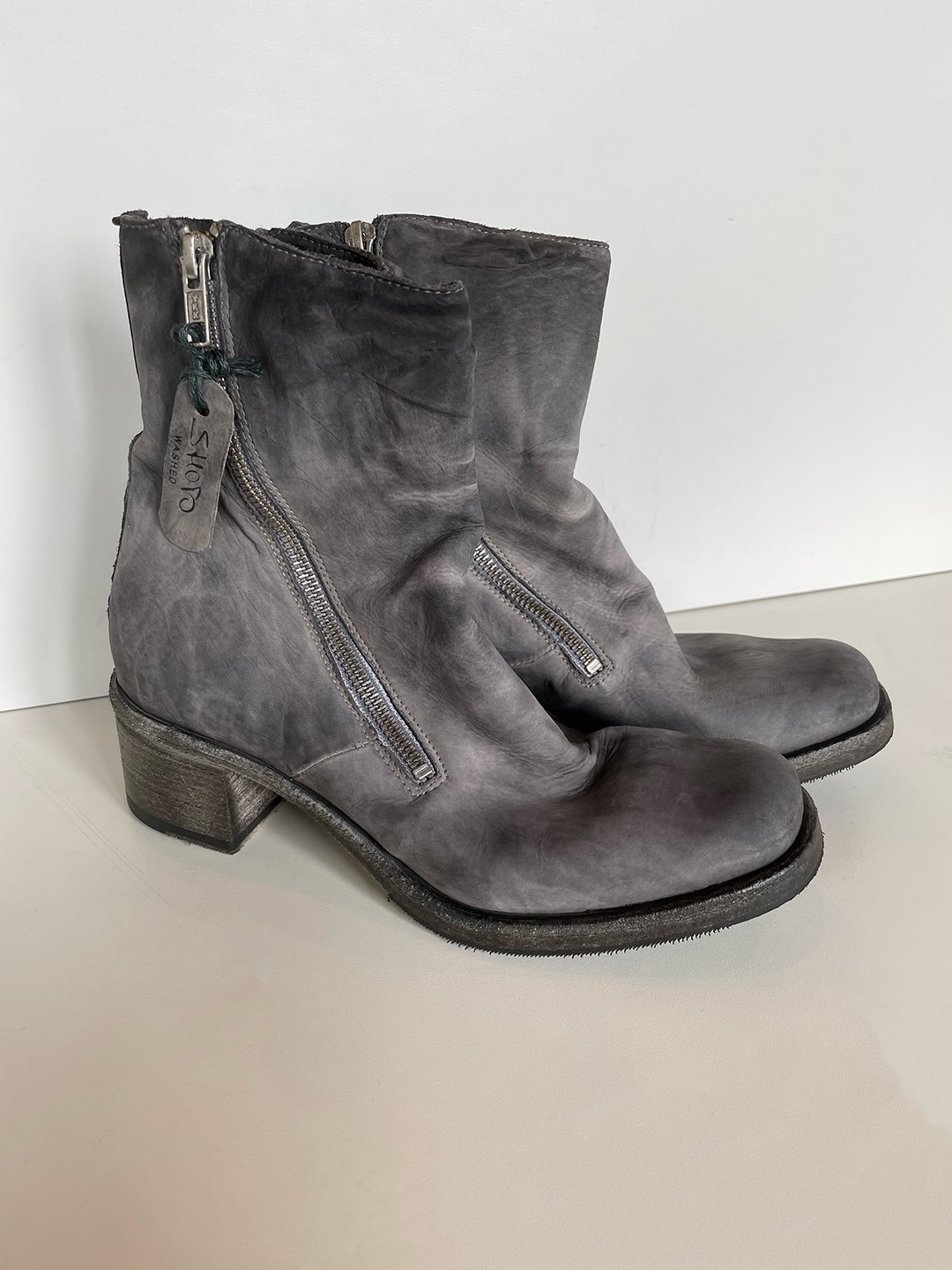 Washed Leather Double Zipper Boot in Grey by Shoto at Deborah Kent's Boutique in South Tampa