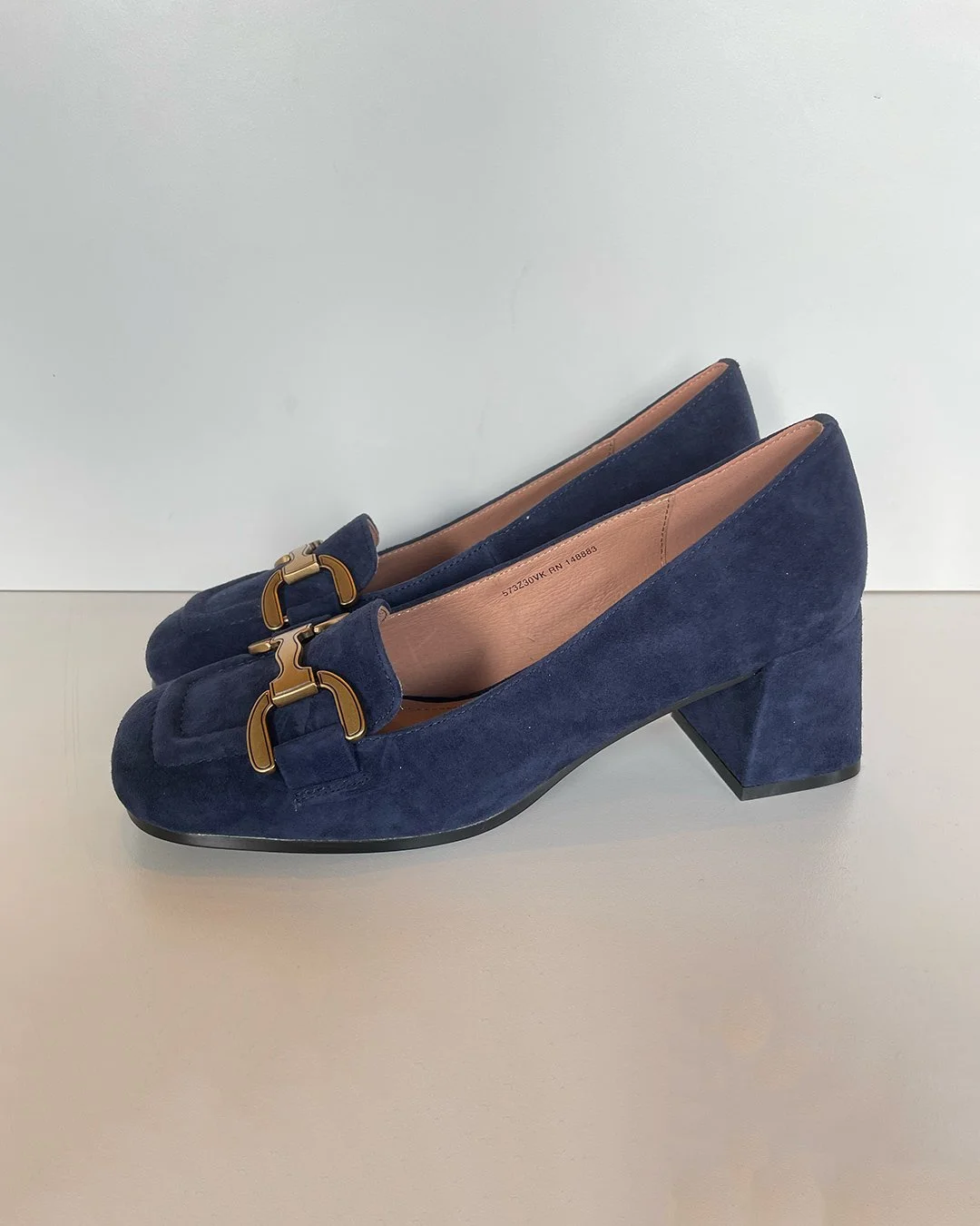 Renee Suede Block-Heel Pump with Buckle in Navy Blue by Bibi Lou at Deborah Kent's Boutique in South Tampa