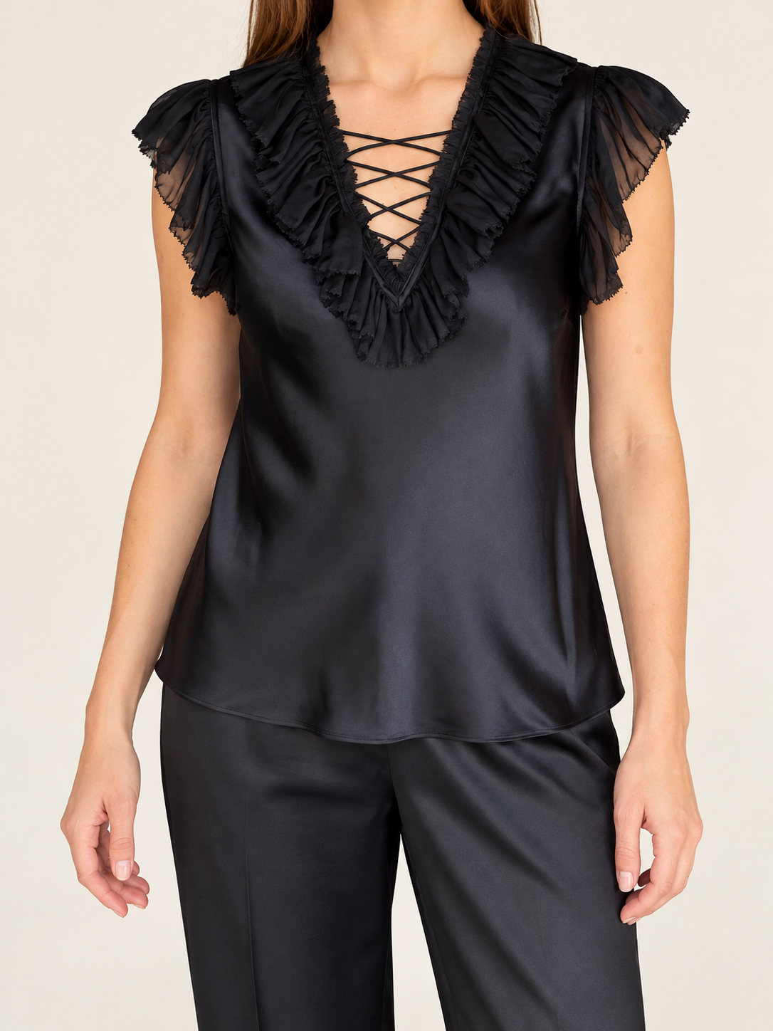 Black Satin Top with Flutter Sleeves.png