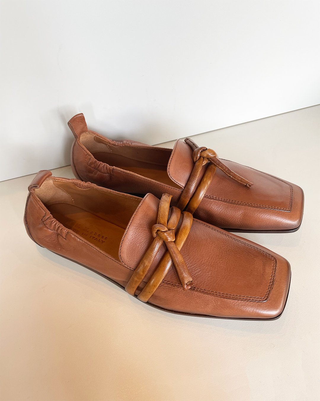 Leather Loafer with Tie Detail in Cognac by INK Shoes at Deborah Kent's Boutique in South Tampa