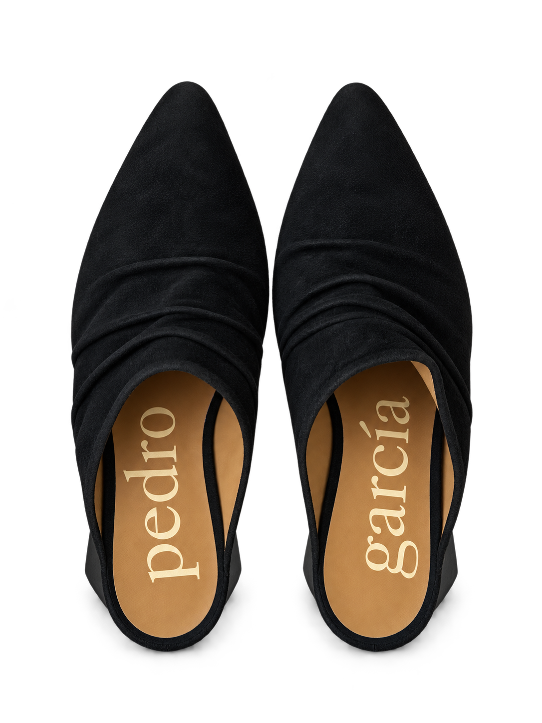 Overhead black ruched suede mules.png
