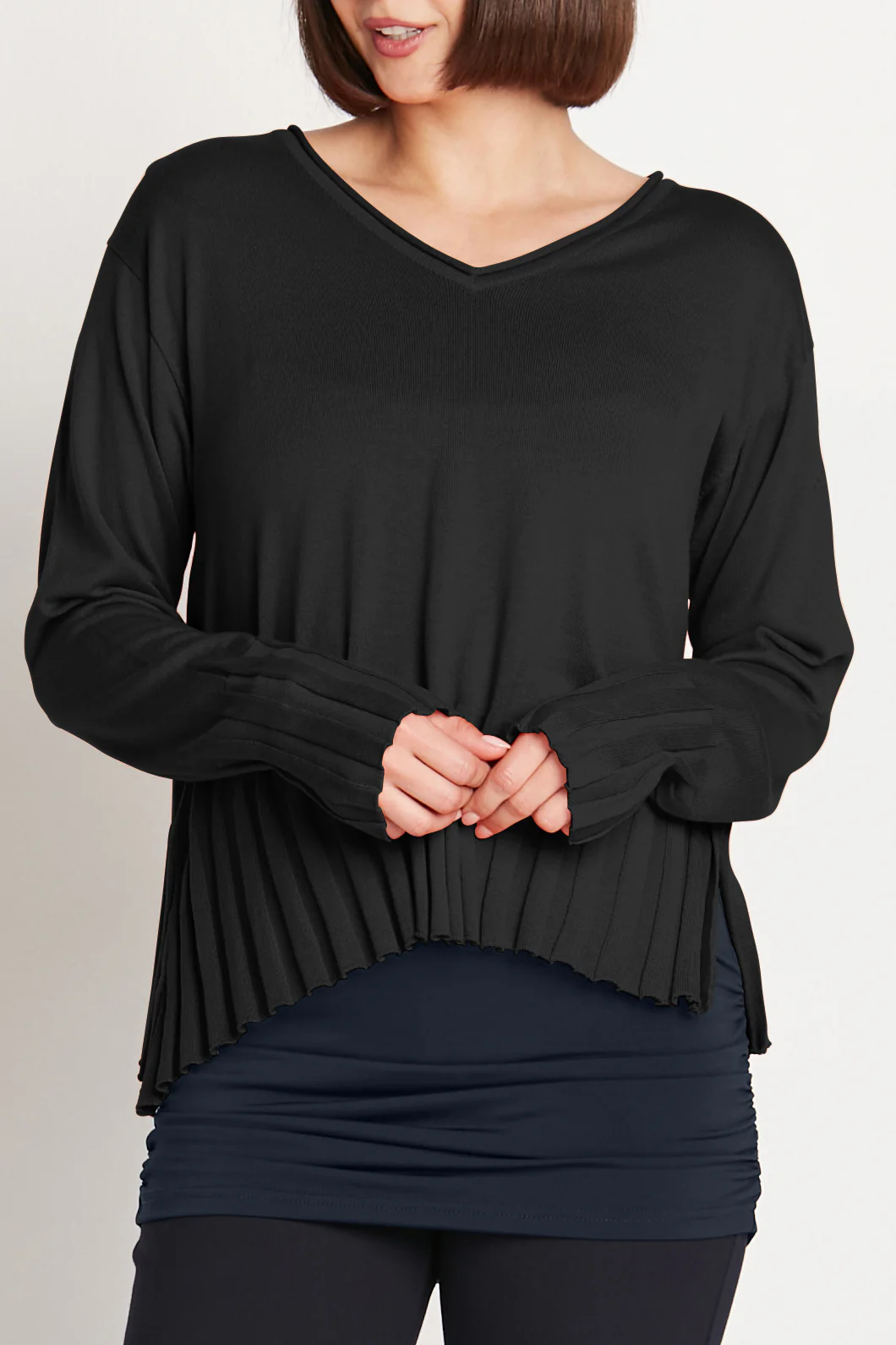 Pima Cotton V-Neck Cropped Sweater in Black by PLANET by Lauren G at Deborah Kent's Boutique in South Tampa