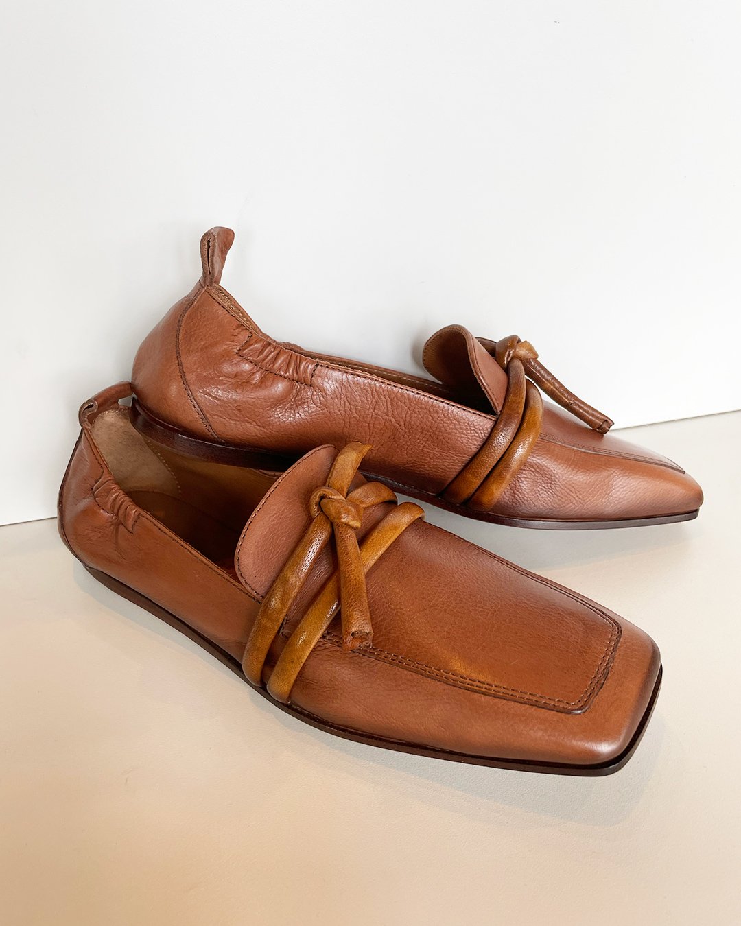 Leather Loafer with Tie Detail in Cognac by INK Shoes at Deborah Kent's Boutique in South Tampa