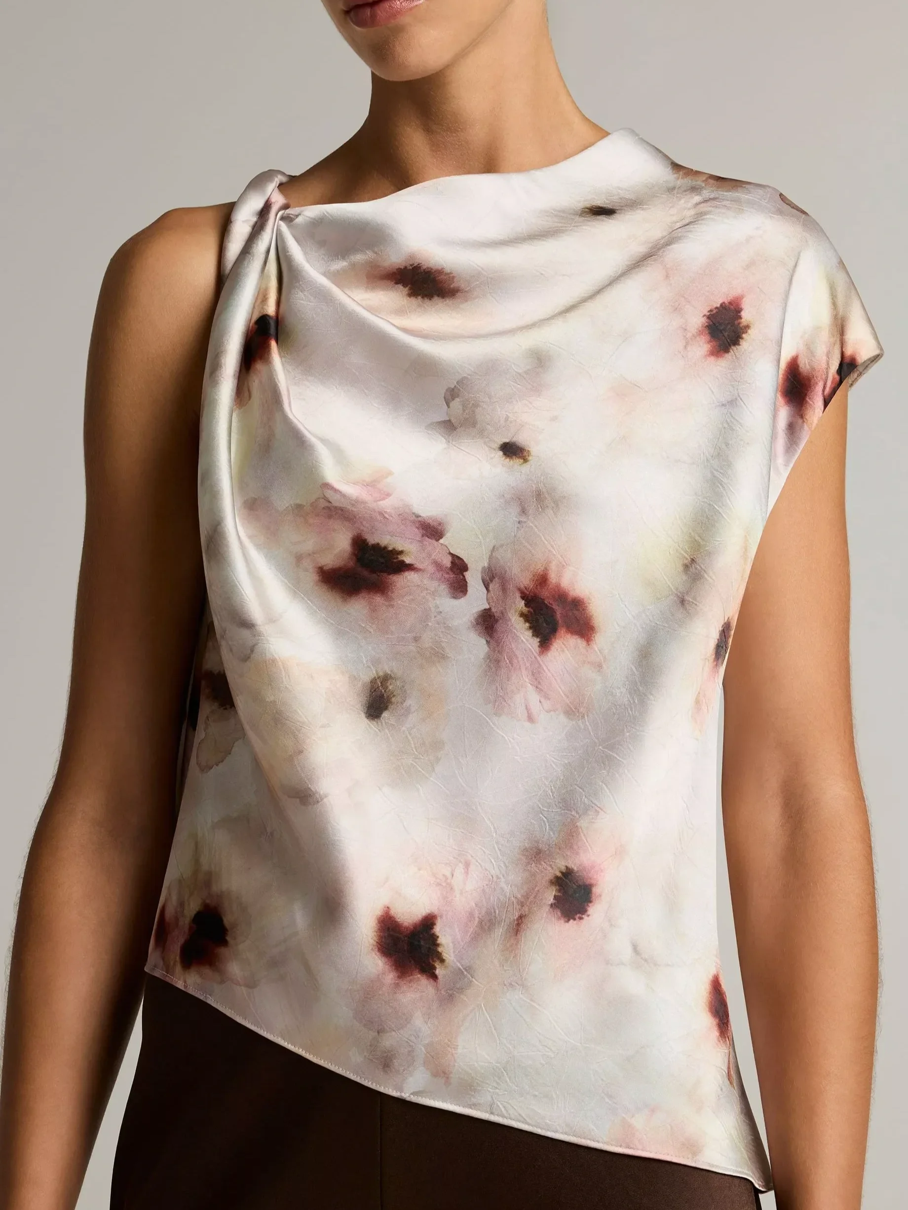 Watercolor Floral Satin Twist-Shoulder Top