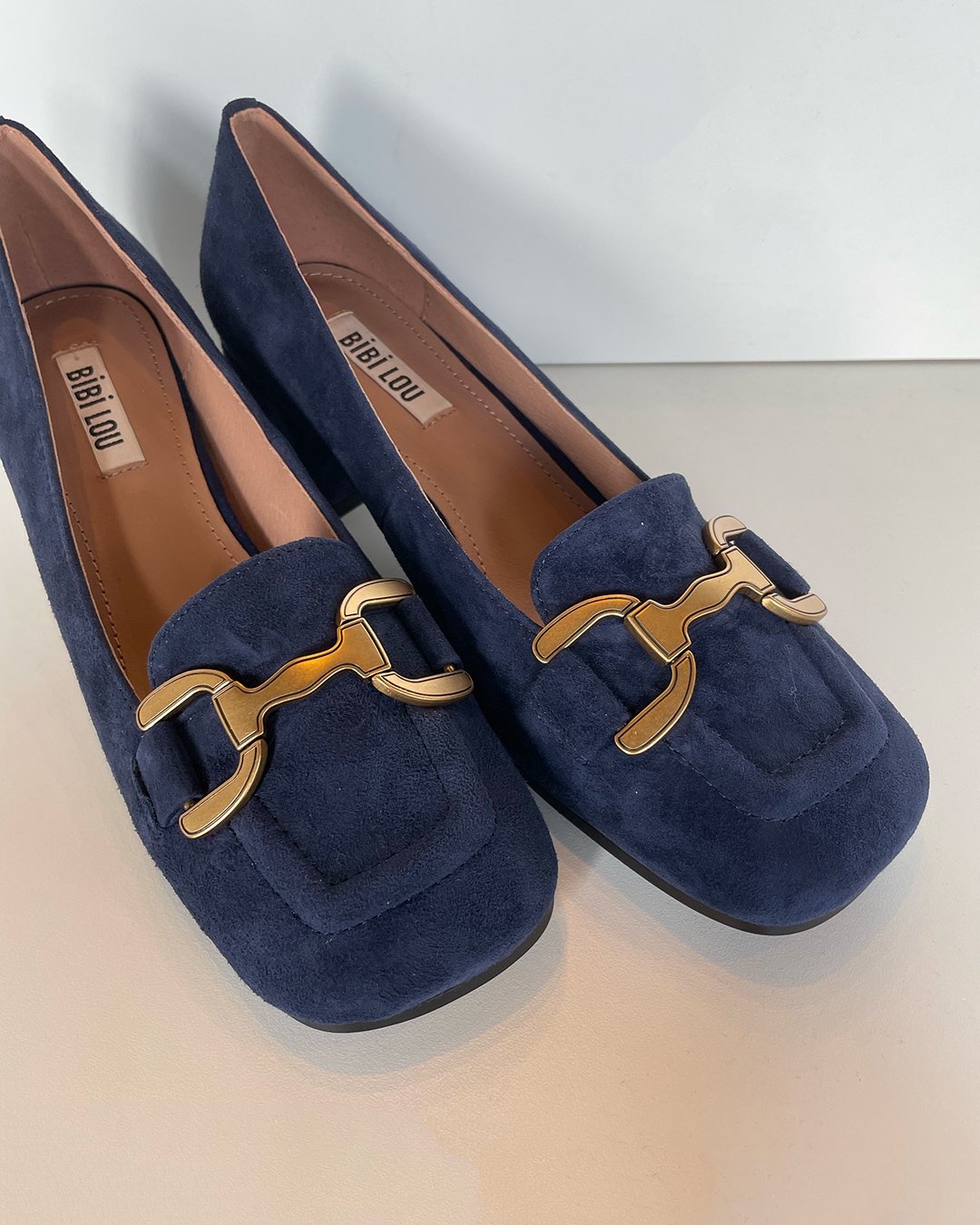 Renee Suede Block-Heel Pump with Buckle in Navy Blue by Bibi Lou at Deborah Kent's Boutique in South Tampa