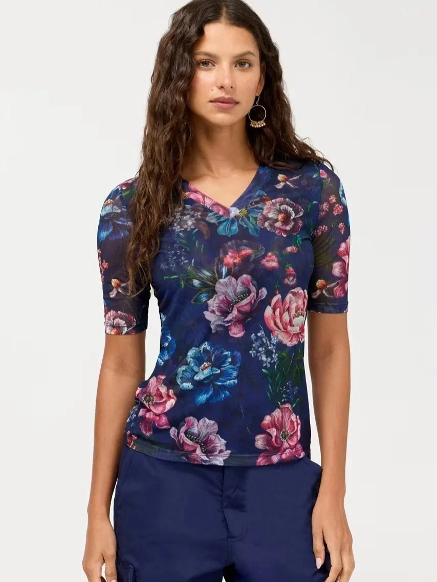 V Neck Elbow Sleeve Mesh Top