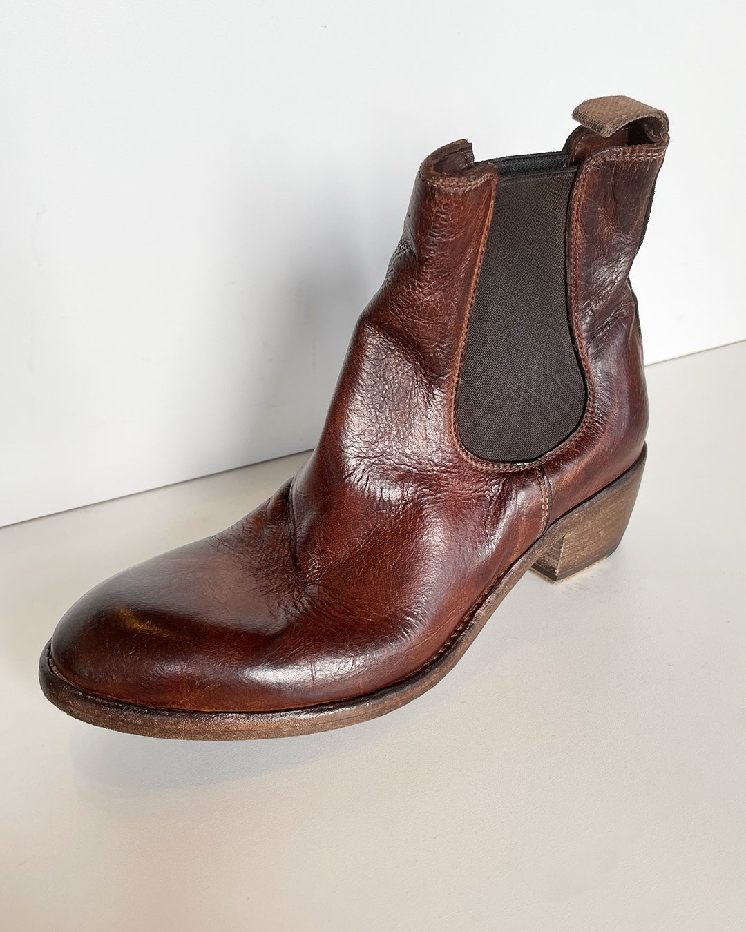 Burnished Leather Chelsea Boot in Brown by Shoto at Deborah Kent's Boutique in South Tampa
