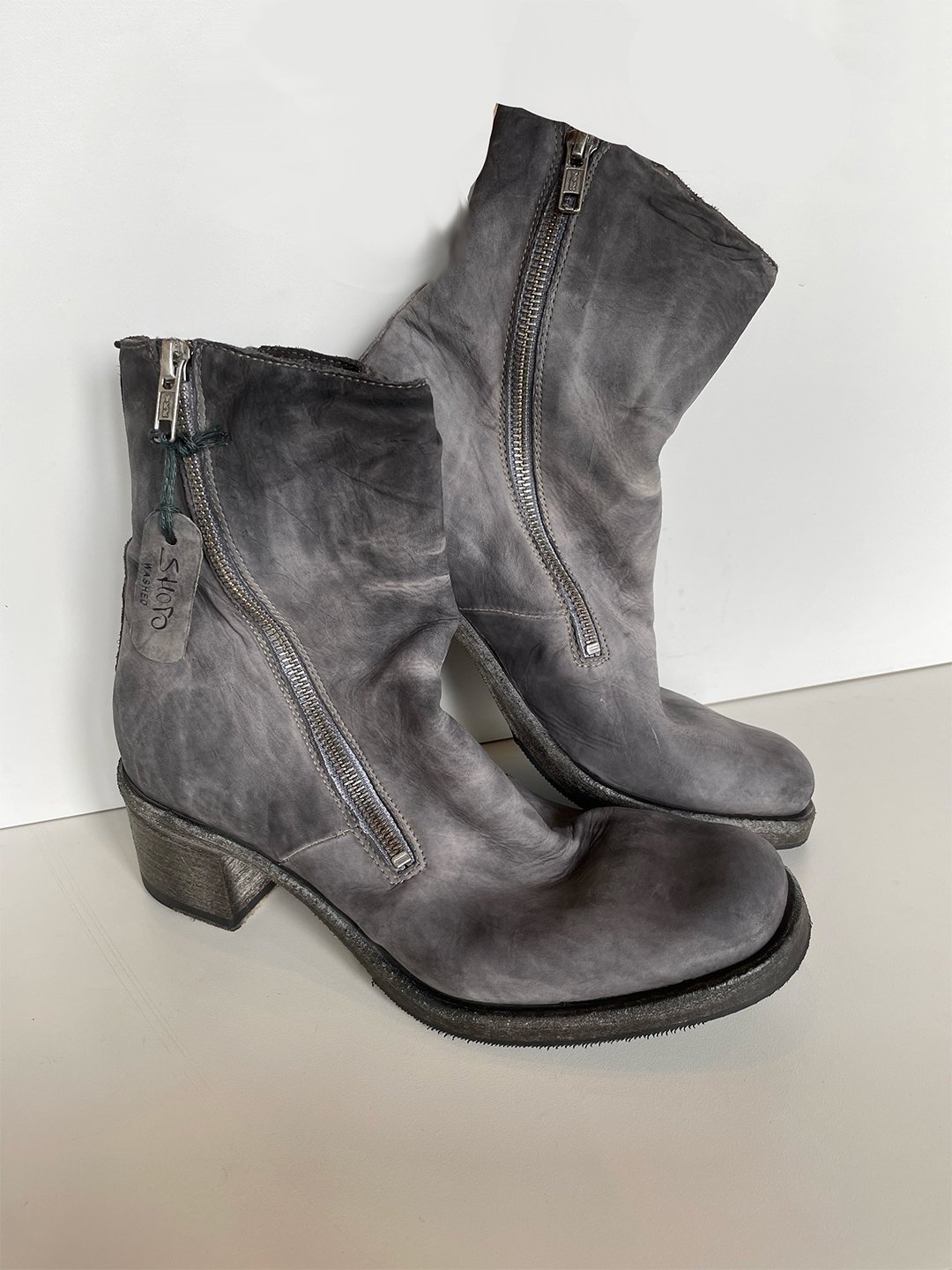 Washed Leather Double Zipper Boot in Grey by Shoto at Deborah Kent's Boutique in South Tampa