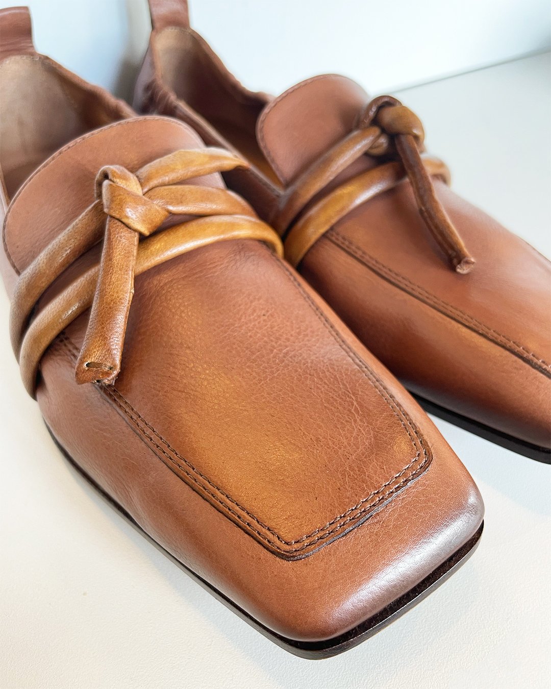 Leather Loafer with Tie Detail in Cognac by INK Shoes at Deborah Kent's Boutique in South Tampa