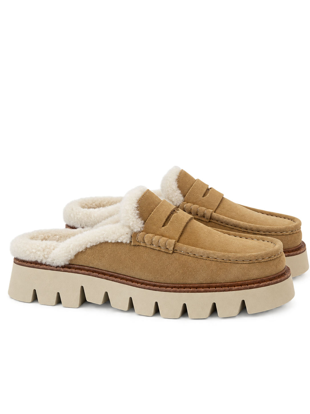 Tan shearling-lined penny mule side profile.png