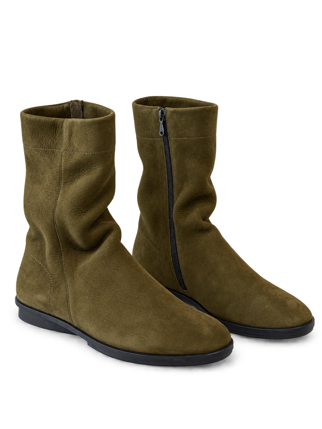 Olive mid-calf boots, rear view-3.png