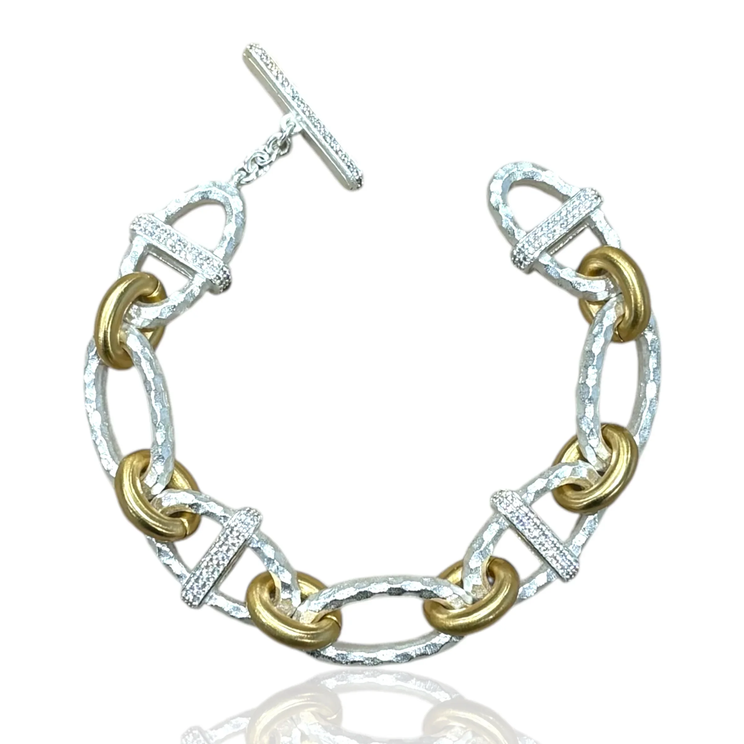 Satin Silver Two-Tone Pave Hammered Chain Bracelet