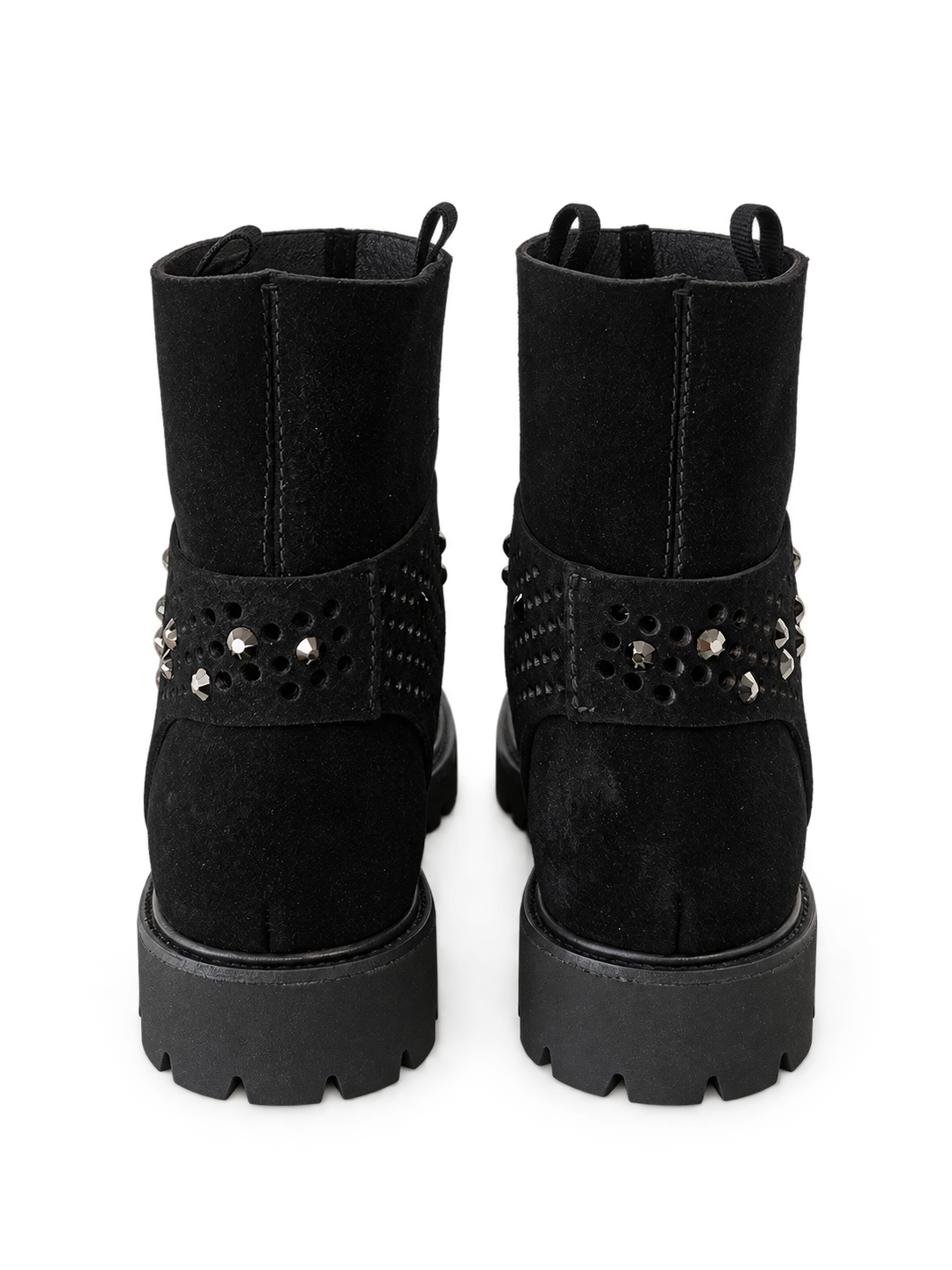 Black suede crystal ankle boots, rear view.png