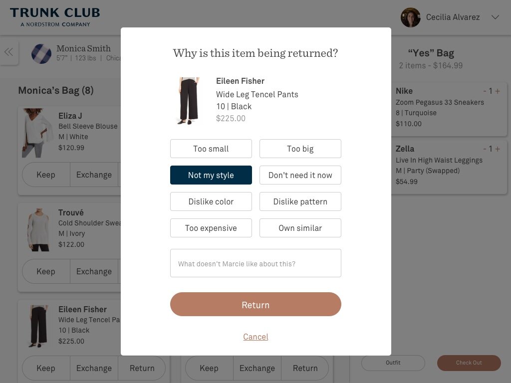 Appointment Flow - Feedback on Returns: Return and Exchange feedback parity with the customer experience. Customer can choose to remove items from the fitting.