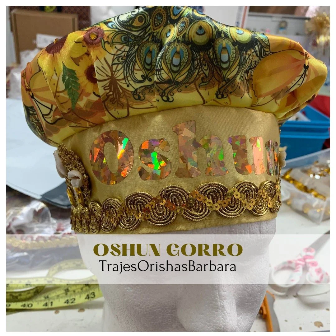 OSHUN stylish/Gorros de Santo/Orisha/Accesorios para Santo: Gorros estampados por sublimación con dibujos y motivos propios ajustables