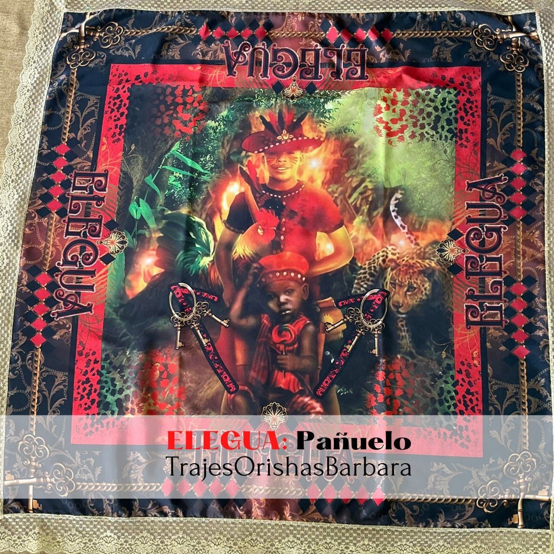 ELEGUA NIÑO pañuelo/handkerchief/Pañuelo Orisha/Pañuelo yoruba/Tamaño 45 por 45 pulgadas full print en satén estampado en sublimación.