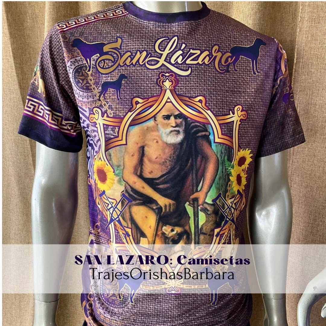 SAN LAZARO/Babalu Aye Camiseta de hombre/Manga corta/Edo full print por sublimación/Composición 96 Poliéster, 4 Spandex/Tacto seda/Miami.