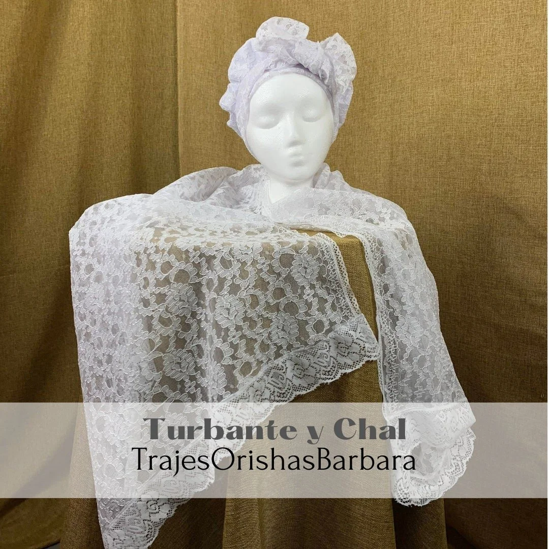 Iyawo Turbante y Chal/Conjunto de Chal y turbante para mujer en encaje blanco/Religión afrocubana/Miami