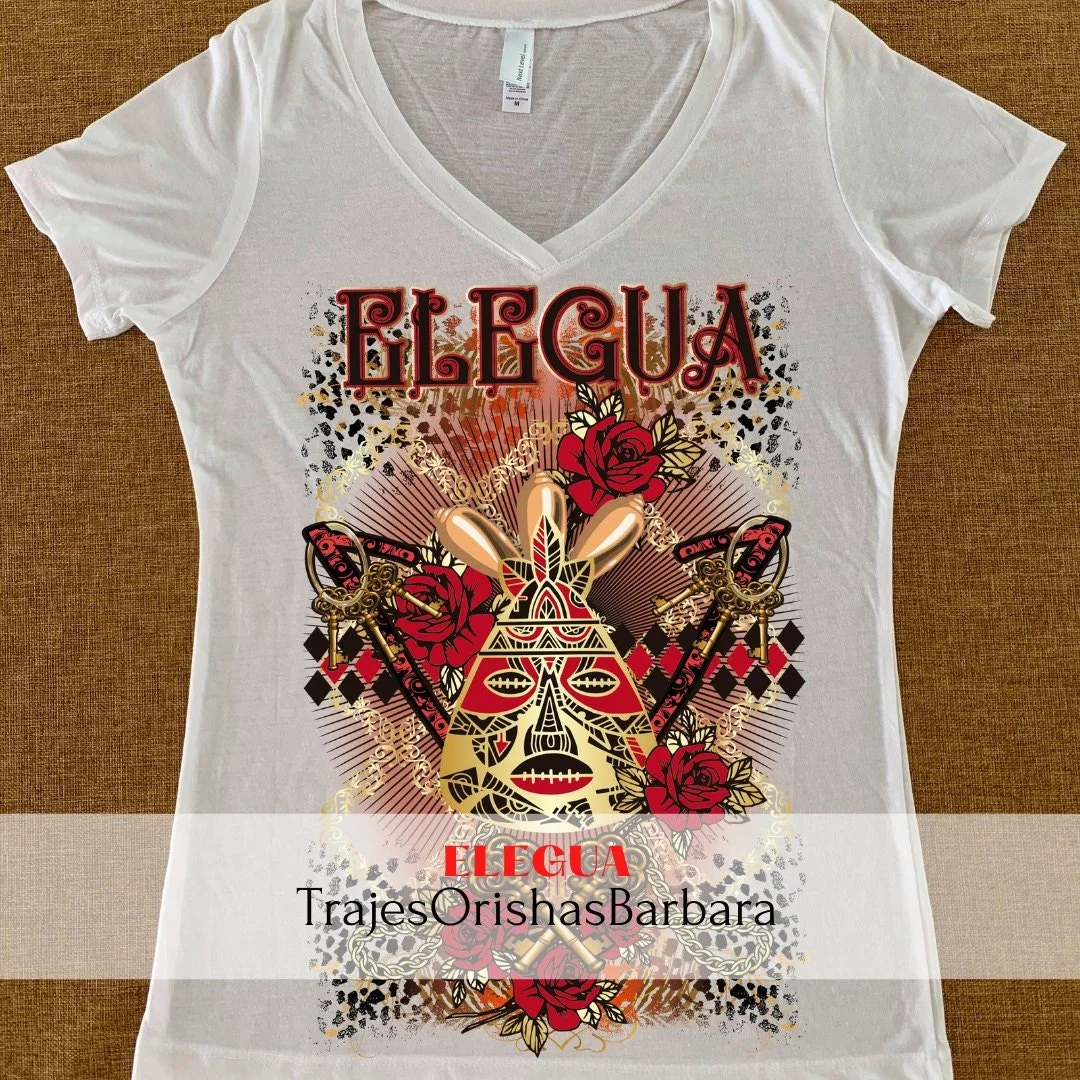 ELEGUA/Camisetas Caminos de Elegua para mujer/Camiseta de manga corta para ELEGUA/Viscosa 60/40 algodón /poliéster. Sublimación/ Miami