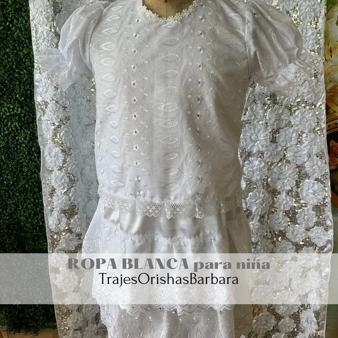 IYAWO/IYABÓ/ Ropa Blanca para niña/Conjunto de blusa y saya para niña/TrajesOrishasBarbara/Miami