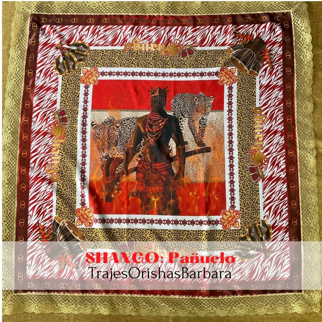 SHANGO Guerrero pañuelo/Shango handkerchief/Pañuelo Orisha/Tamaño 45 por 45 pulgadas full print en satén estampado en sublimación.